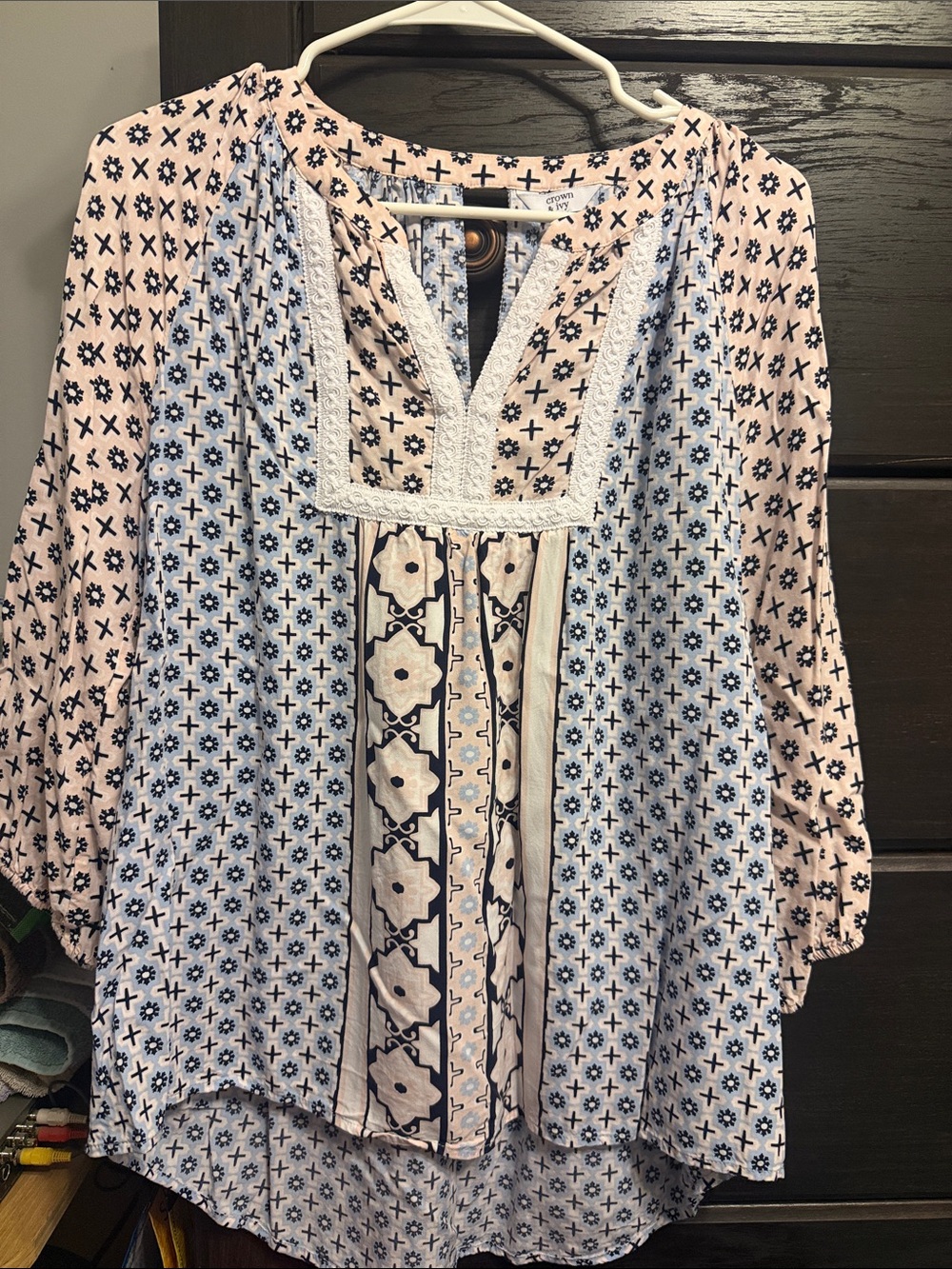 crown & ivy Pink and Light Blue Printed Peasant Tunic